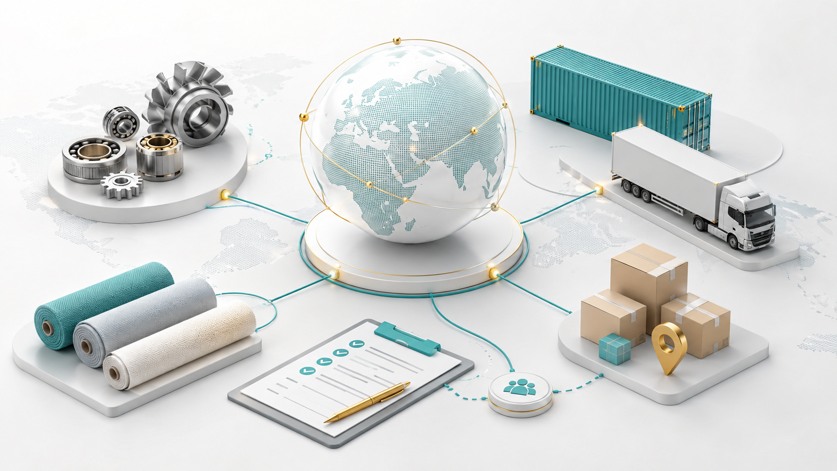 3D illustration of sourcing, procurement and logistics coordination